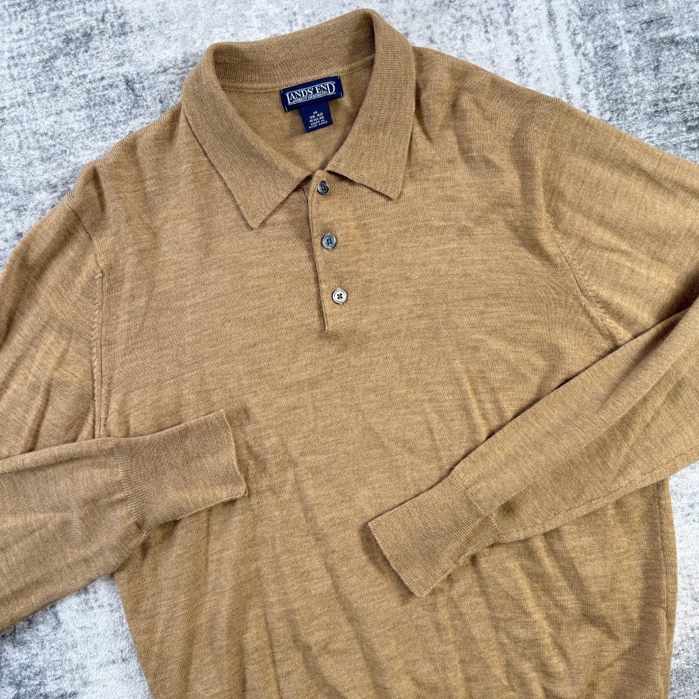 VTG Lands End Sweater Polo Men Medium Camel Brown Wool Collared Old Money Preppy